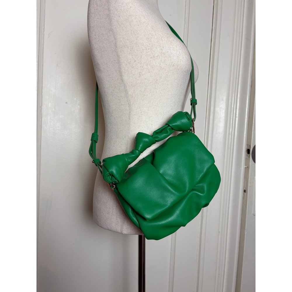 Zara Green Knotted Soft Crossbody Bag Faux Leather Pouch Clutch Gold Hardware